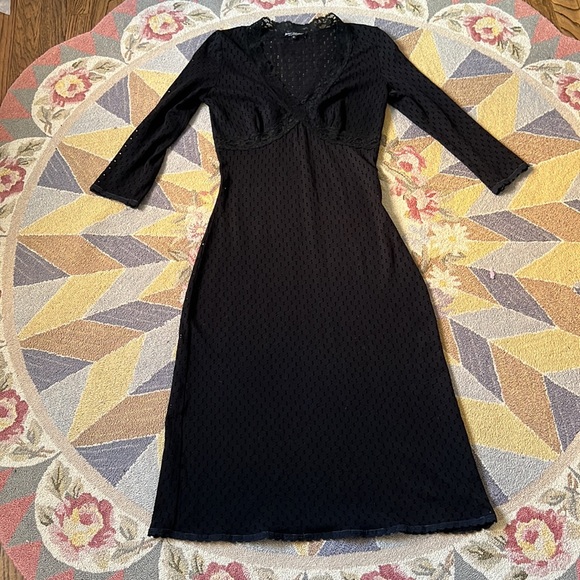 VINTAGE BETSEY JOHNSON BLACK STRETCH MIDI DRESS CLASSIC ICONIC BETSEY LACE S M - Picture 3 of 13